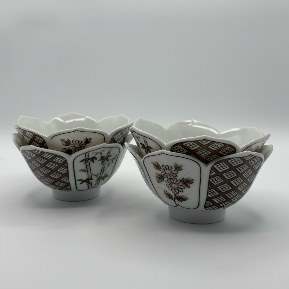Vintage Japanese Otagiri Lotus Bowls Brown and White Flower - Set of 4